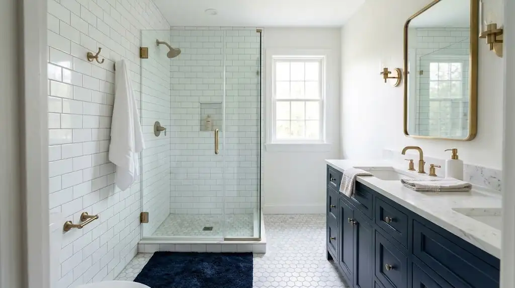 Illustration of bathroom remodeling in a Morristown, NJ colonial: navy vanity, subway tile and a frameless glass shower