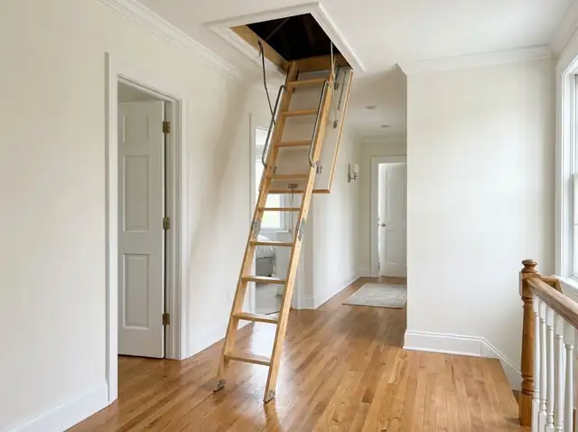 New folding wooden attic ladder pulled down from a white-trimmed ceiling hatch